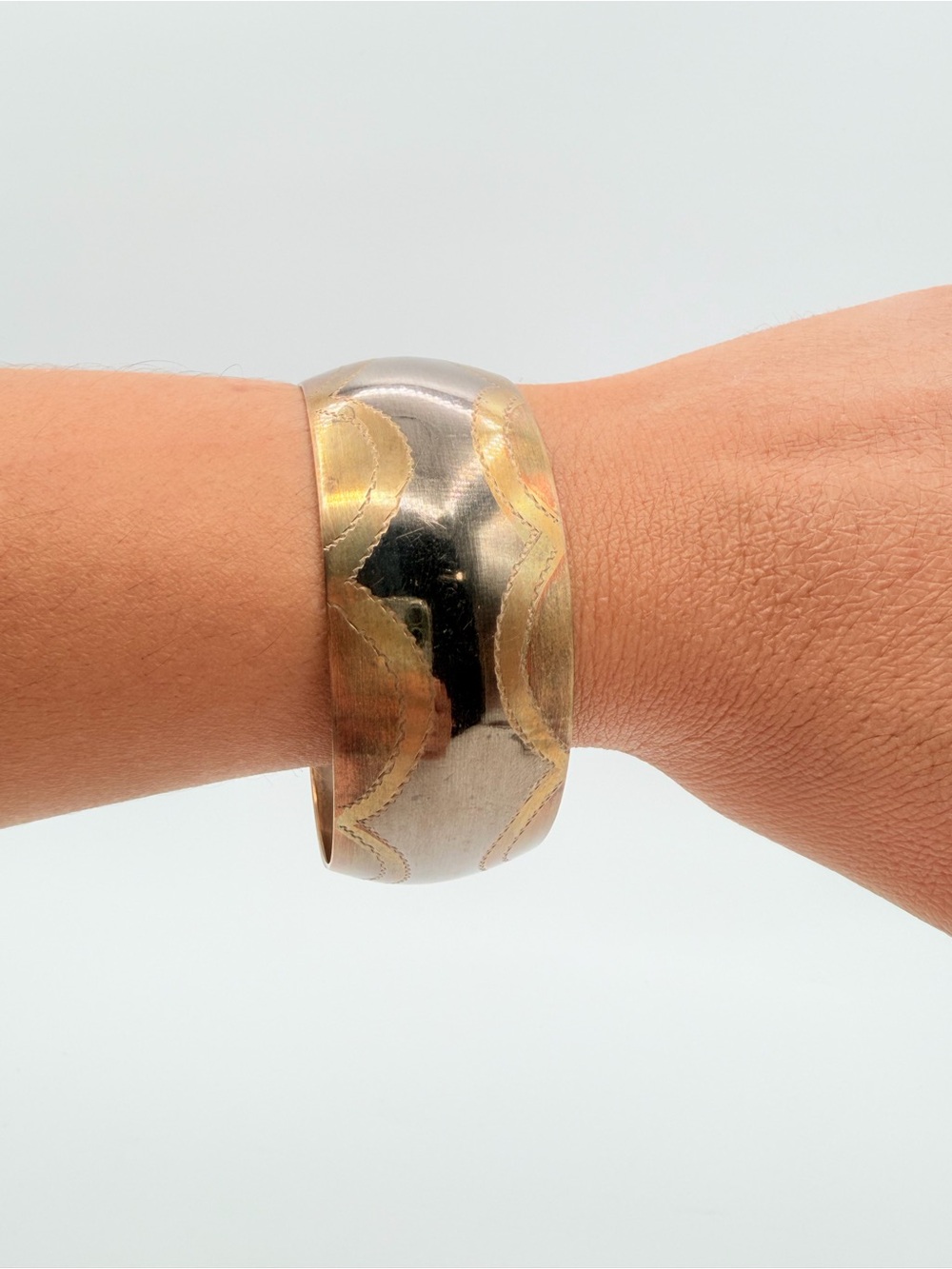Vintage Wide Two-Tone Etched Bangle Bracelet